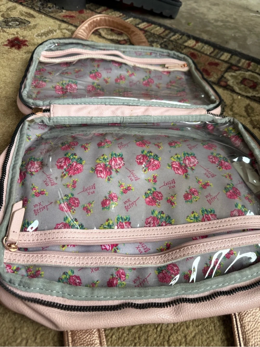 Betsey Johnson Pink Rose Gold Floral Bow Travel Cosmetic Bag